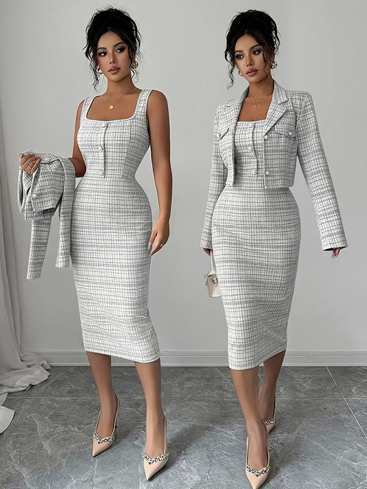 Tweed Plaid Midi Dress Set