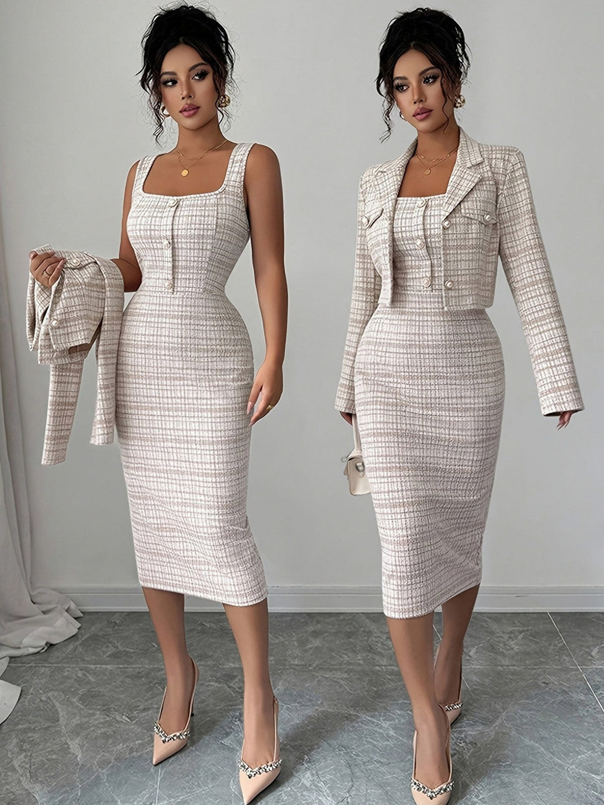 Tweed Plaid Midi Dress Set