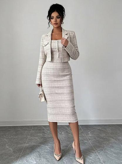 Tweed Plaid Midi Dress Set