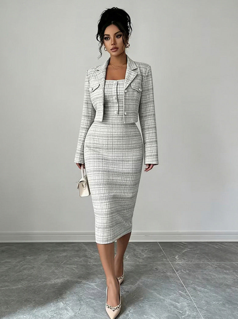 Tweed Plaid Midi Dress Set