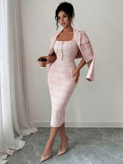 Tweed Plaid Midi Dress Set