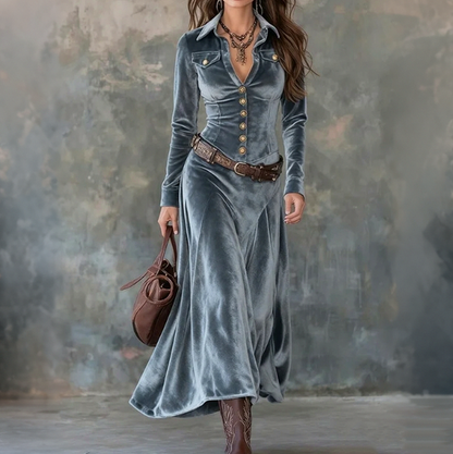 Velvet Button Front Maxi Dress