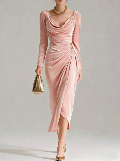 Velvet Cowl Long Sleeve Midi