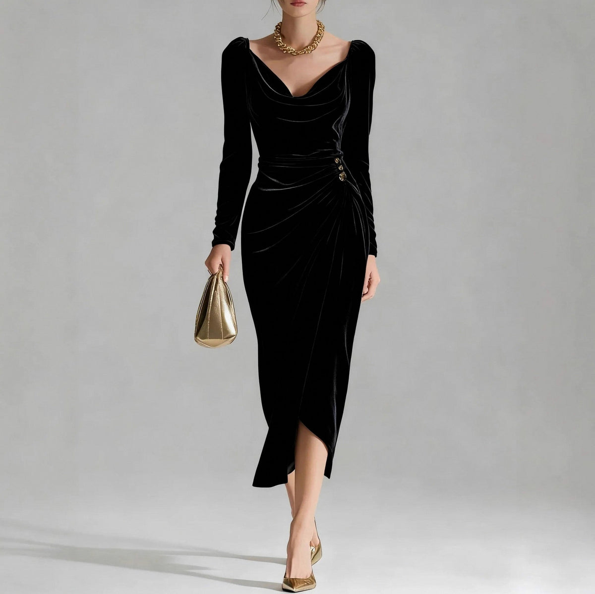 Velvet Cowl Long Sleeve Midi