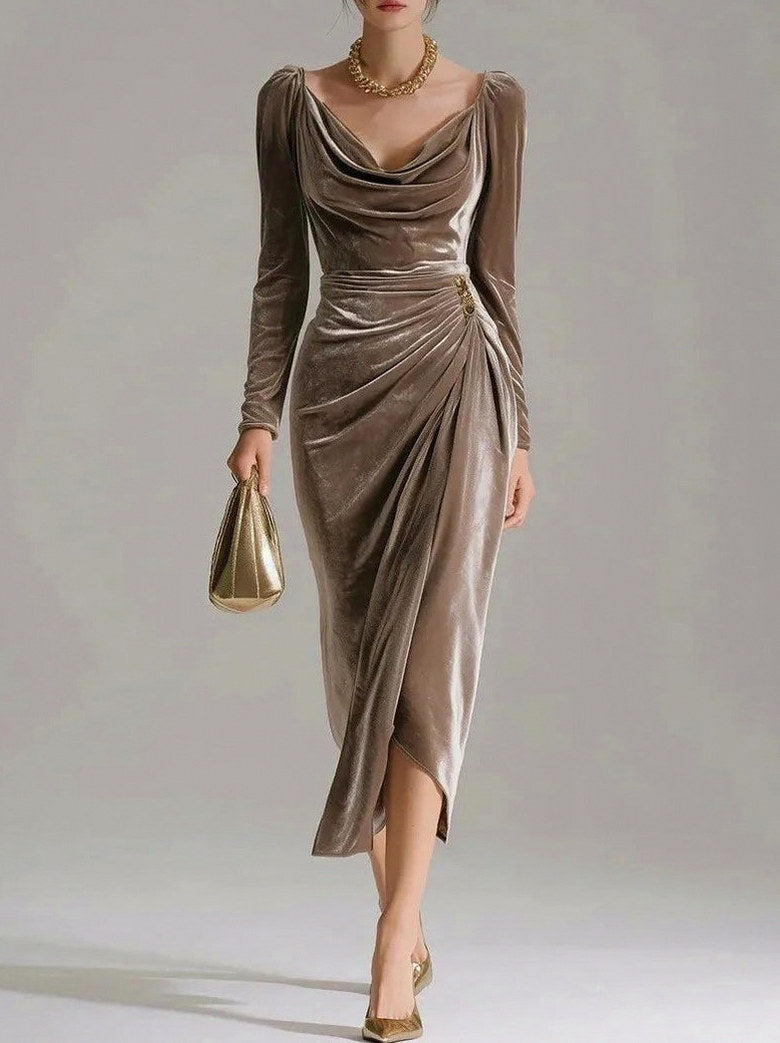 Velvet Cowl Long Sleeve Midi