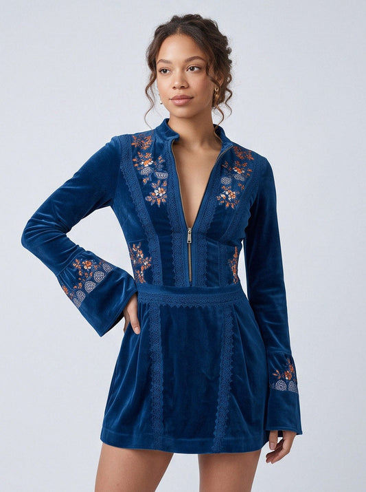 Velvet Embroidered Bell Sleeve Mini Dress