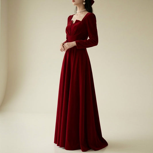 Velvet Long Sleeve Sweetheart A-Line Maxi Dress