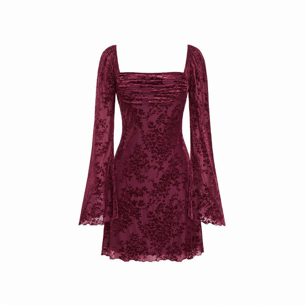 Velvet Long Sleeve Square Neck Mini Dress