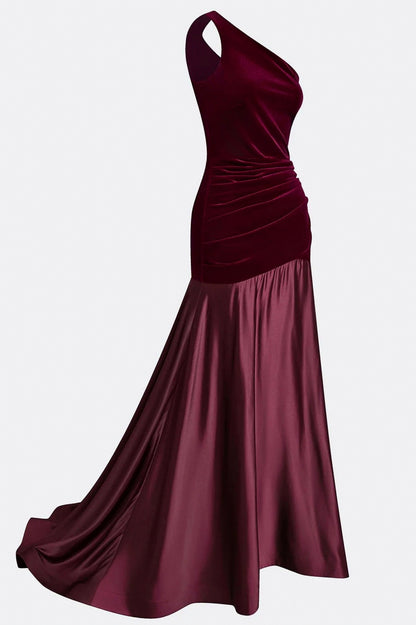 Velvet One Shoulder Drop Waist Maxi Dress