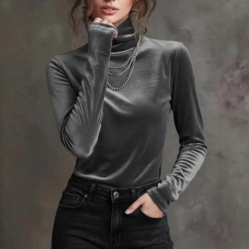 Velvet Turtleneck Long Sleeve Top