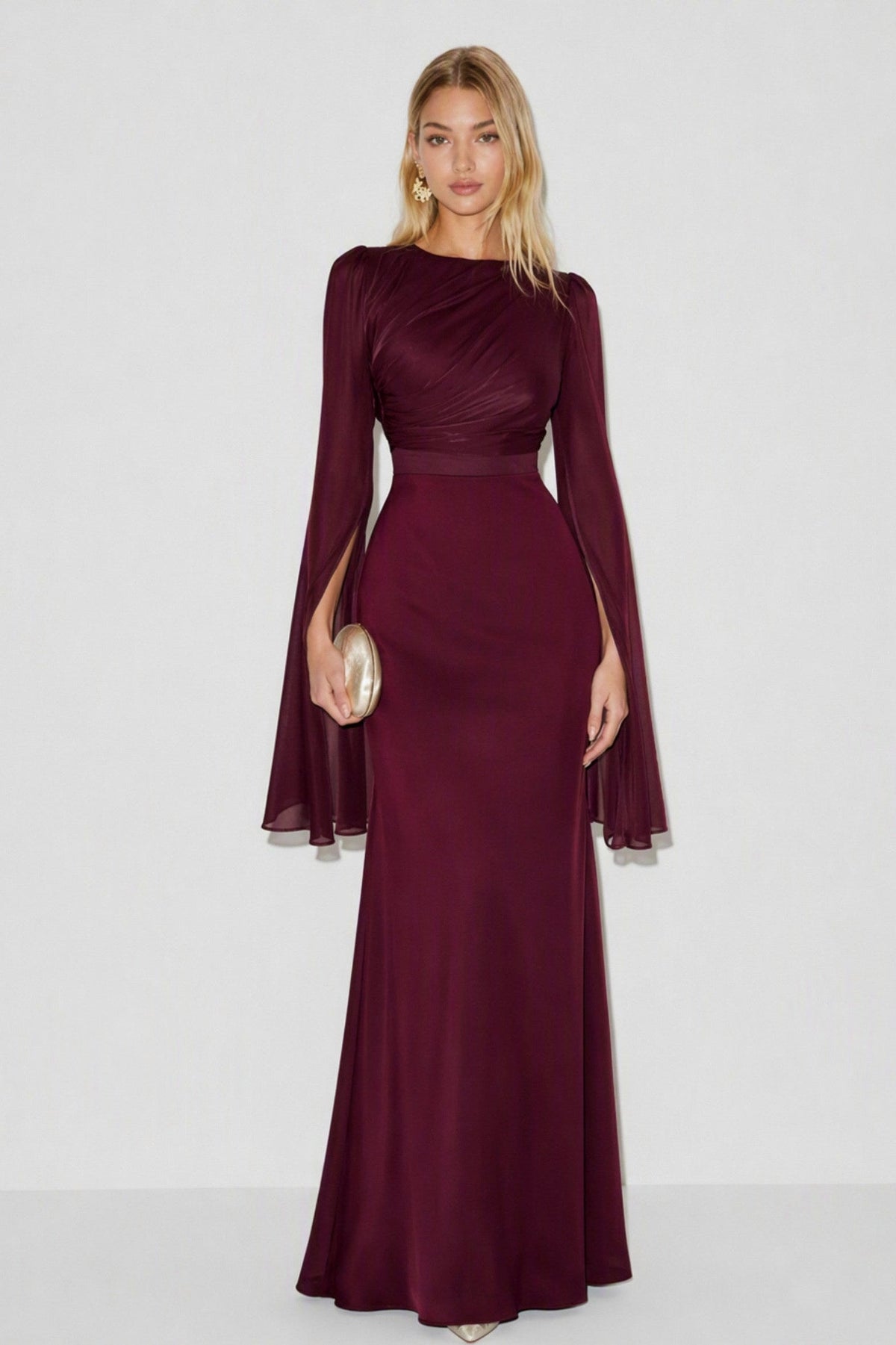 Burgundy ruched maxi dress with long cape sleeves